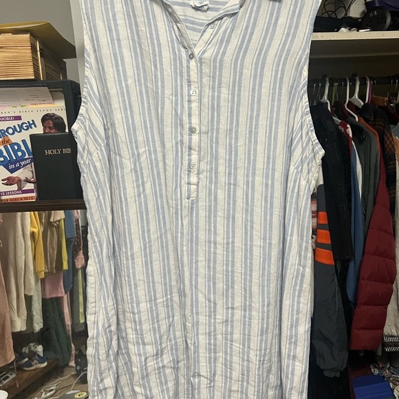 Sigrid Olsen Dresses & Skirts - Sigrid Olsen 100 % Linen Women's White and Blue Striped Shirt Dress natural